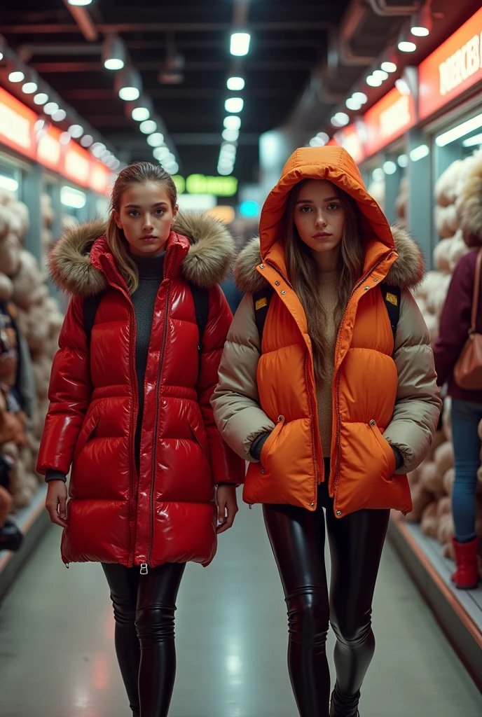 a slim ponytail 16 year old girl and her bestie walking in a pufferstore,beautiful detailed eyes,beautiful freckles,beautiful detailed lips,extremely detailed eyes and face,longeyelashes, wearing beautiful detailed full length hood covering her head formfitting duvetica overfilled shiny super gleamy super thick glossy puffer vest covering over her super padded high-collared pufferjacket, shiny latex leggings,symmetrical,masterpiece,cinematic,lifelike,hyperrealistic,8k,photorealistic,highly detailed,intricate,exquisite,elegant,beautiful,stunning
