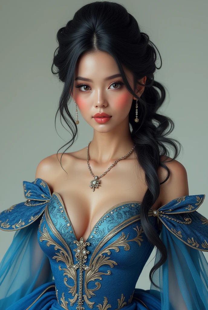 Sexy woman, long black luscious hair, amazing makeup, blue dress with silver embroidery