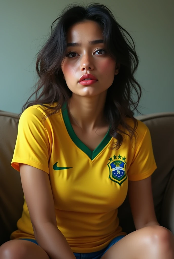 femme Latina de 22 ans avec des grosse lèvre gros seins et le maillot de foot du brésil avec des trait du visage tres realiste et faut pas voir que c est une ia assis et moins maquiller avec quelques default pour etre plus realiste avec des faussette et moins le visage rouge et le visage avec un tout peut de cerne et les cheveux un peut mal coiffer et une legere bosse sur le nez