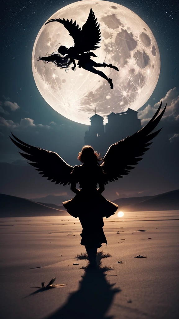 create the silhouette of a fallen angel's shadow on a bright full moon