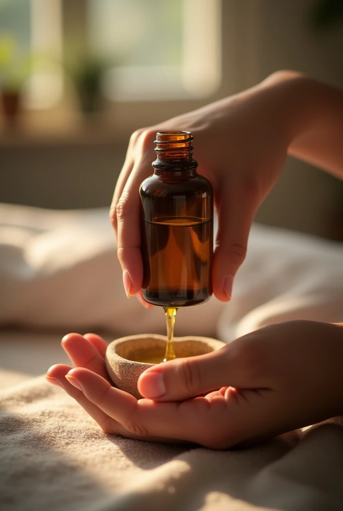 An image with two hands holding a bottle of essential oil while pouring the oil into a small blend, everything in a warm and cozy environment. The background could be blurred, showing a relaxing atmosphere with soft lights.