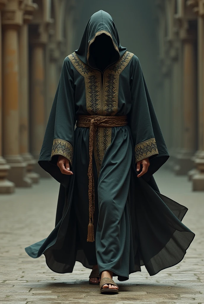 pastor walking sideways, focus on the hem of the garment and on the sandals