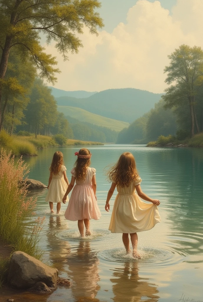 Vintage painting of a landscape with girls playing in the lake