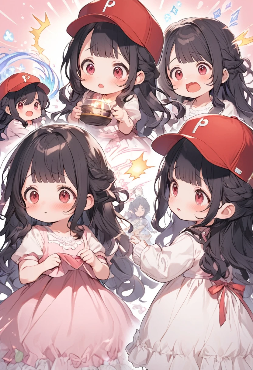 a man get transformed into a cute toddler girl, 3 years old, long hair, black hair, cute dress, pink dress, red baseball cap, cute underwear, confused, embarrassed, dress lift, magic, surpriced, multiple views, open mouth, 'M"