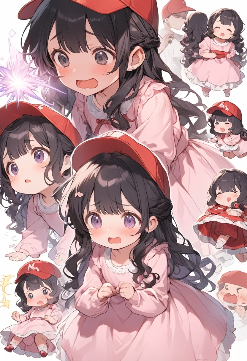 a man get transformed into a cute toddler girl, , long hair, black hair, cute dress, pink dress, red baseball cap, cute underwear, confused, embarrassed, dress lift, magic, surpriced, multiple views, open mouth, 'M"