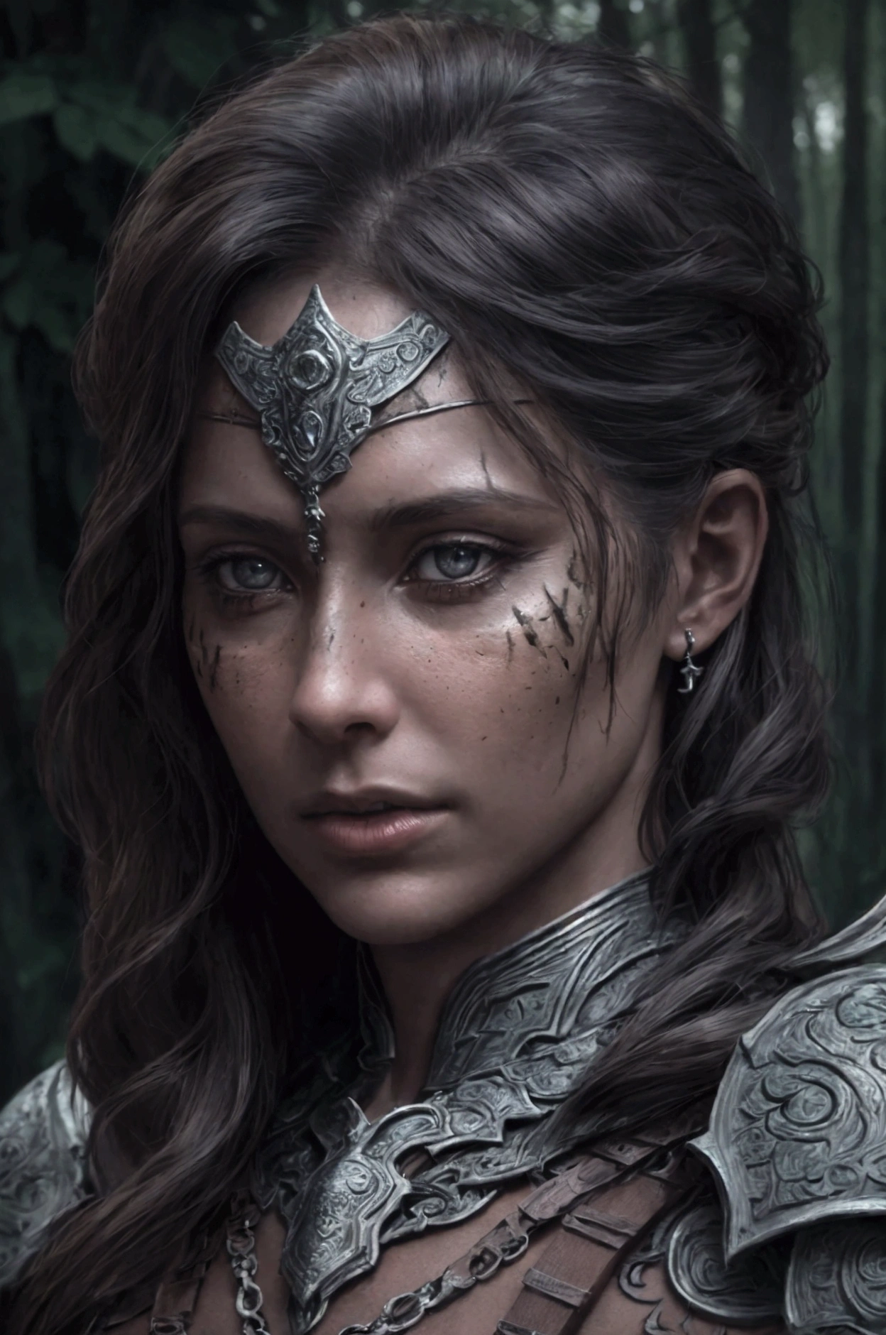 a female amazon warrior, detailed face, beautiful detailed eyes, beautiful detailed lips, extremely detailed intricate armor, bloody sword, highly detailed chainmail, intricate leather harness, heroic powerful pose, mystical magical forest background, dramatic dramatic lighting, dramatic cinematic camera angle, muted earthy color palette, (best quality,8k,highres,masterpiece:1.2),ultra-detailed,(realistic,photorealistic,photo-realistic:1.37),concept art