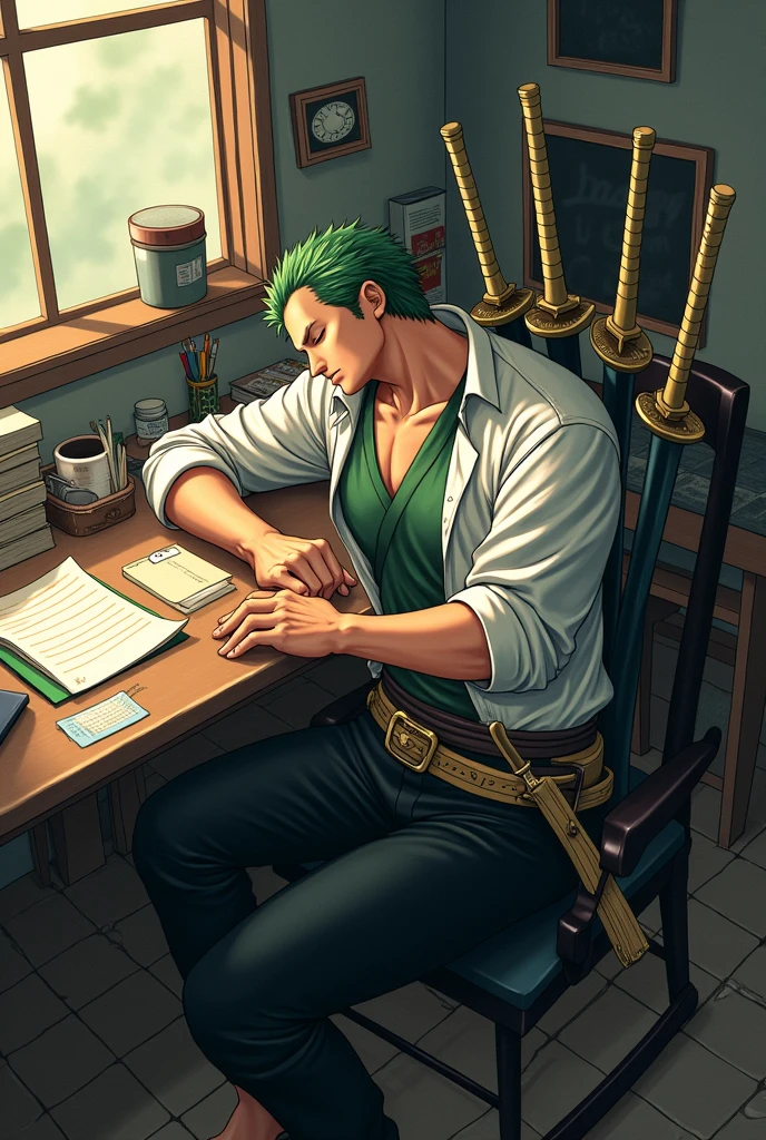 Roronoa zorro in costum sleeping on his work's table