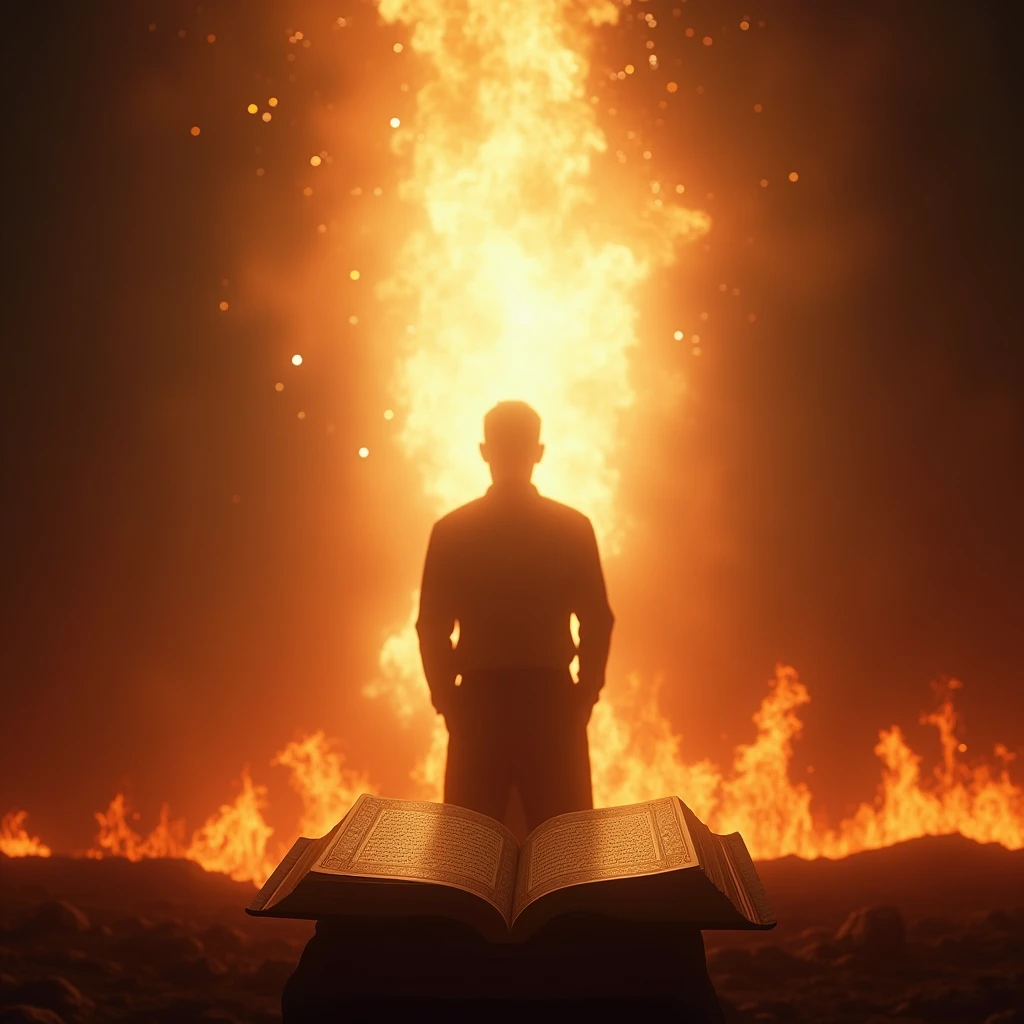 Prompt: "A man standing alone before an open Quran surrounded by a radiant heavenly light, with the flames of Hell in the background."