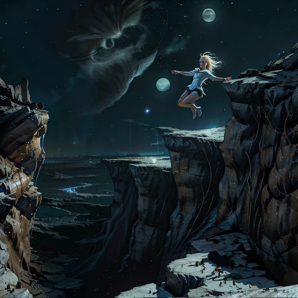 A blonde woman alone jumping off a cliff at night, with the moon in the background 