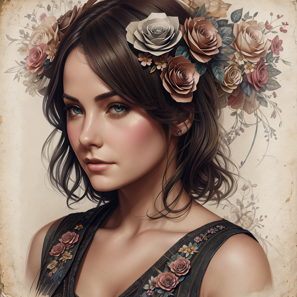 Charlie Bowater realistic Lithography sketch portrait of a woman, flowers, [gears], pipes, dieselpunk, multi-colored ribbons, old paper texture, highly detailed