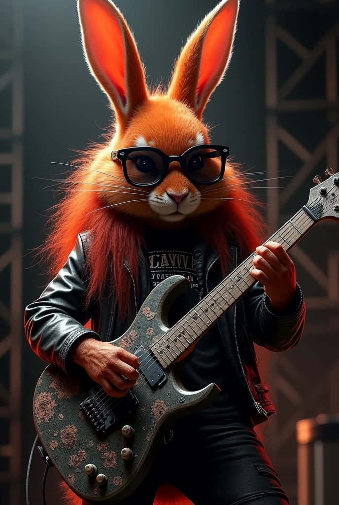Rabbit redhead qui joue de la guitare électrique,lunette,metaleux, long cheveux