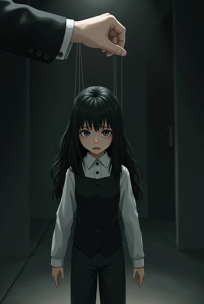 A hand controlling a puppet in a dark and shadowy place. The puppet you control should be a girl with black, wavy hair, wearing a white shirt, a black vest, and pants. Her face should show anger and sadness.