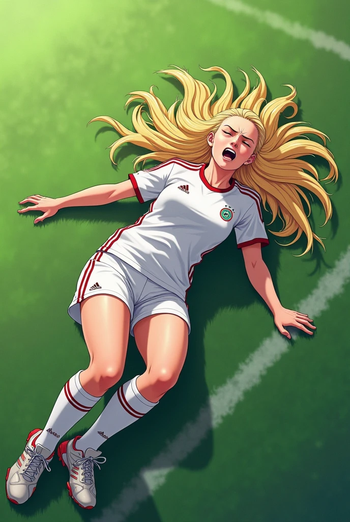 Female soccer player in 8k, anime style like dragon ball ultra realistic on natural grass grimaces foul, lying on grass full body in adidas uniform shorts white adidas brand, adidas shoes white socks with shinguards, long hair blonde