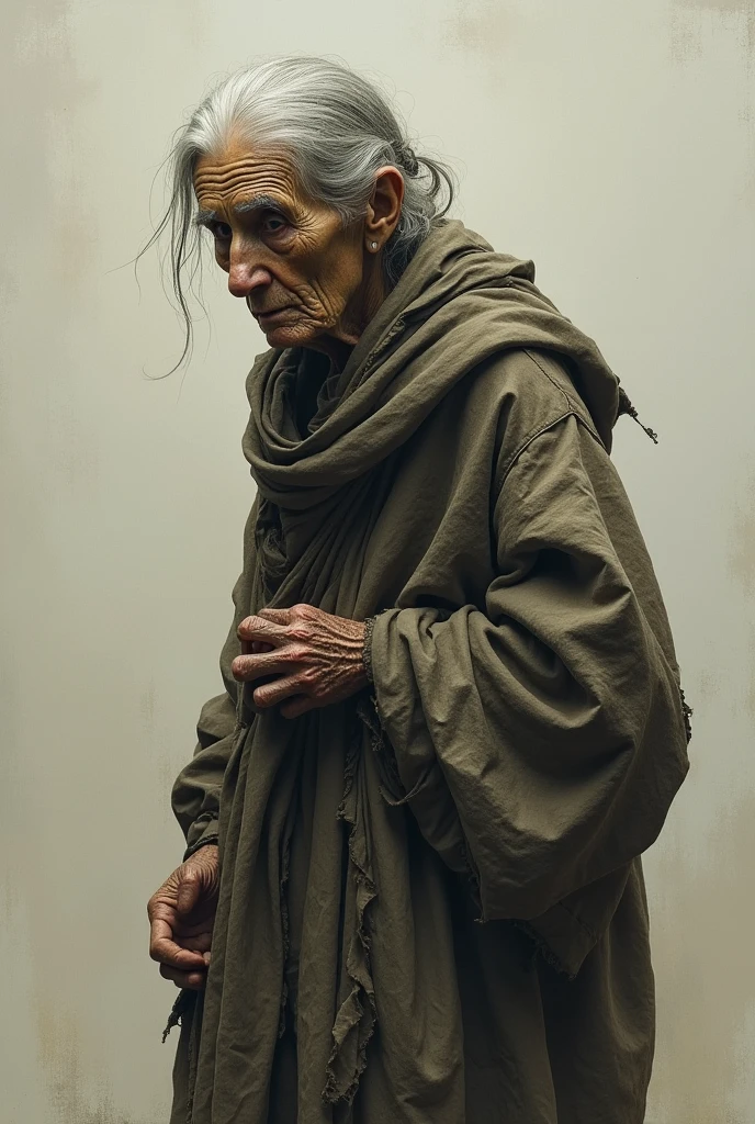 A very thin and old woman, wearing very loose clothing.