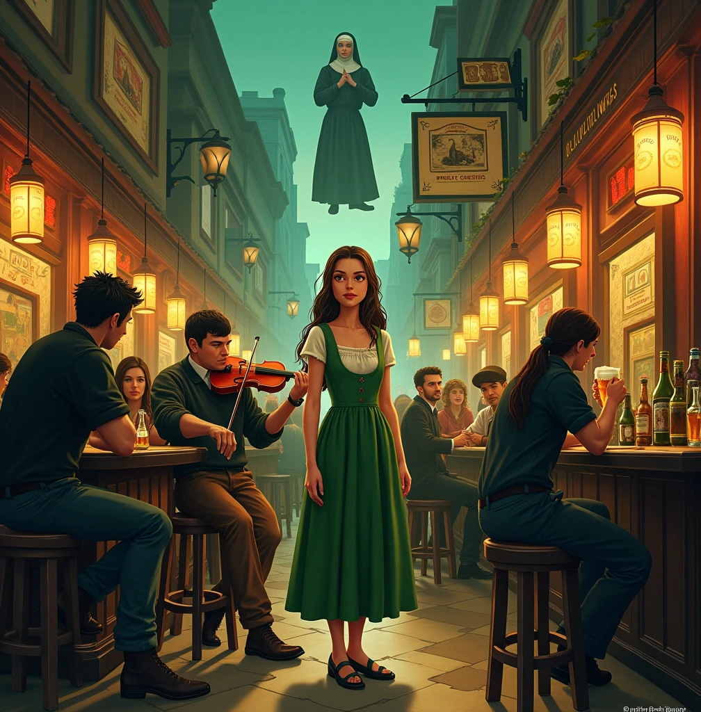 A Night of Unity and Division: Imagine a dockside pub scene full of life, where Mary, a young Irish girl, stands out, her face glowing with prominence. The scene should balance gender representation, with male and female characters mingling. A dog sits near the bar, while a fiddler plays in the corner, and a docker shares a drink with Norah Kane. Overhead, in a style reminiscent of the Sistine Chapel, a Priest and a Nun observe Mary from above. Use colors symbolizing the Irish flag, Green, White, and Orange, to reflect themes of division and unity, and integrate Liverpool into the scene, perhaps through signs, posters, or architectural elements.