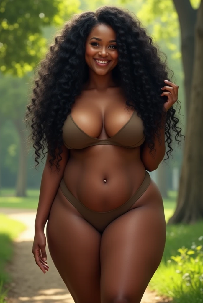 ((Super realistic ))there is a slim black woman with thick thigh, the woman has curly black curly, she has brown skin, with dark brownish skin, with long curly, long black wavy moist hair whilst happy in a park