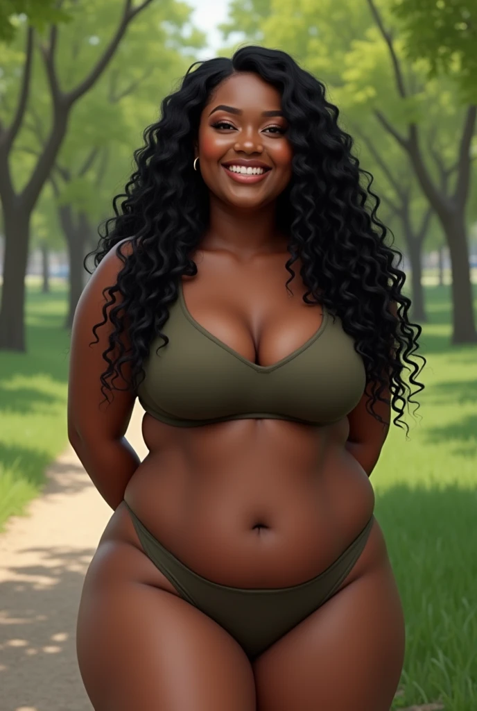 ((Super realistic ))there is a slim black woman with thick thigh, the woman has curly black curly, she has brown skin, with dark brownish skin, with long curly, long black wavy moist hair whilst happy in a park