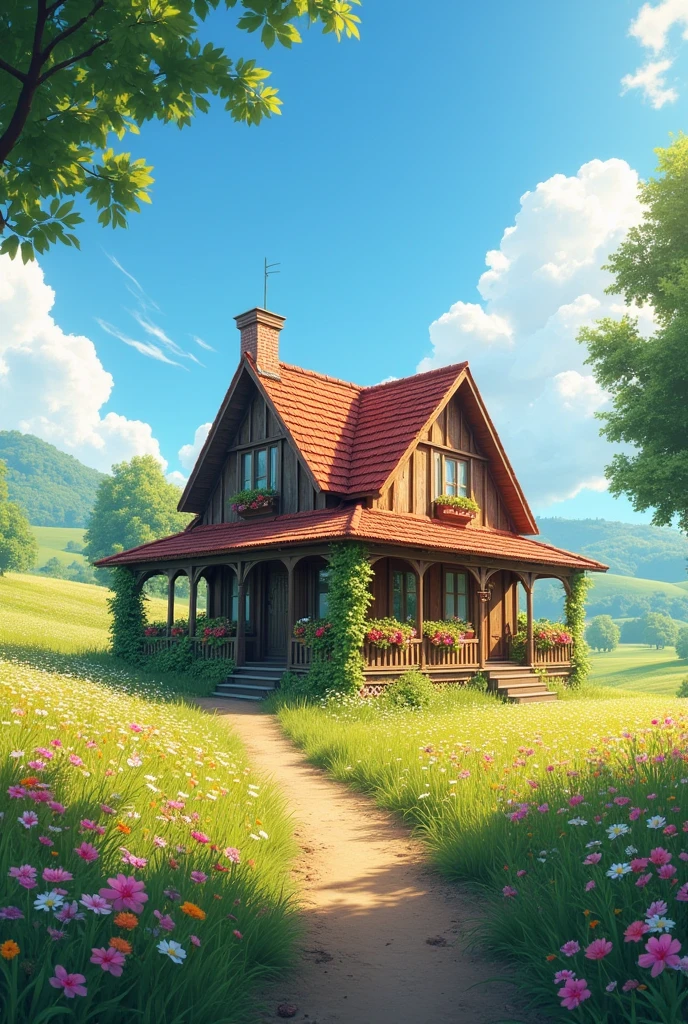 Realistic countryside house with sunny day and blooming fields