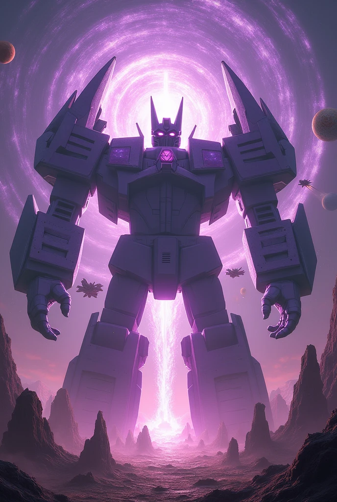 Unicron with a purple appearance, he entered a portal, this portal connected three planets, from these three planets will come out ships and missiles,
