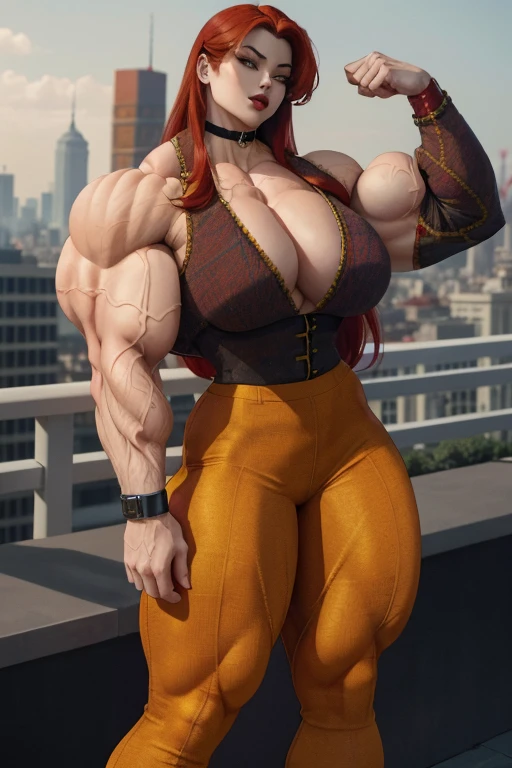 ((Close-up)), tall, (red hair) beautiful muscular asian woman, long hair, pale white skinned, closed smile, large breast, (black lipstick), (massive muscles), (hyper muscle), (ginormous bulky muscles), yellow eyes, (((red tweed suit with pants))), ((double breasted jacket)), red bracelets, choker, high heels, on the rooftop at night,
