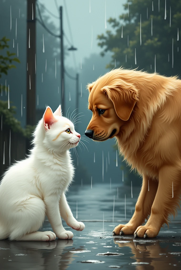 a cat and a dog fighting, story illustration style , worried in the rain, the cat is white and the dog is a Golden Retriever