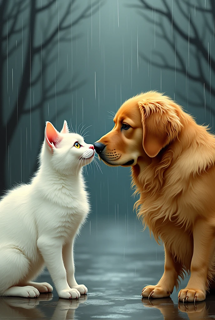 a cat and a dog fighting, story illustration style , worried in the rain, the cat is white and the dog is a Golden Retriever