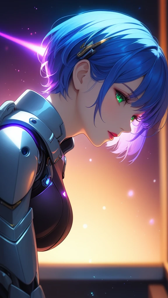 light particles, halo, (bioluminescent:0.95), bioluminescent, piercing glare, vibrant, (((colourful))), color, (glowing, glow), reflection light, depth of field, from behind, multiple views, delicated best quality, (((masterpiece))), ((best quality)), ((ultra-detailed)), (CG illustration), (an extremely devious and beautiful)), cinematic light, ((1 mechanical girl)), (white, blue hair), (short hair), (green eyes), (purple lips), (absurdly large silver robe), single, full, mechanical halo,star halo,intricate mechanical bodysuit, mecha corset, (full armor: yalow and white), (machine-made joints: 1.4), ((mechanical limbs)), ( blood vessels attached to the tube), ((mechanical spine attached to the back)), ((mechanical cervical vertebrae attached to the neck), ((combat stance)), expressionless, (wires and cables attached to the head and body: 1.5), (character focus), science fiction, apocalypse, glow, (full shoot body:1.1), looking at viewer