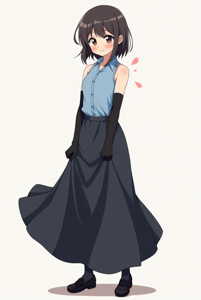 Anime girl experiencing armpit stains wearing blue sleeveless collared shirt with long black skirt with black socks and black shoes and also black gloves