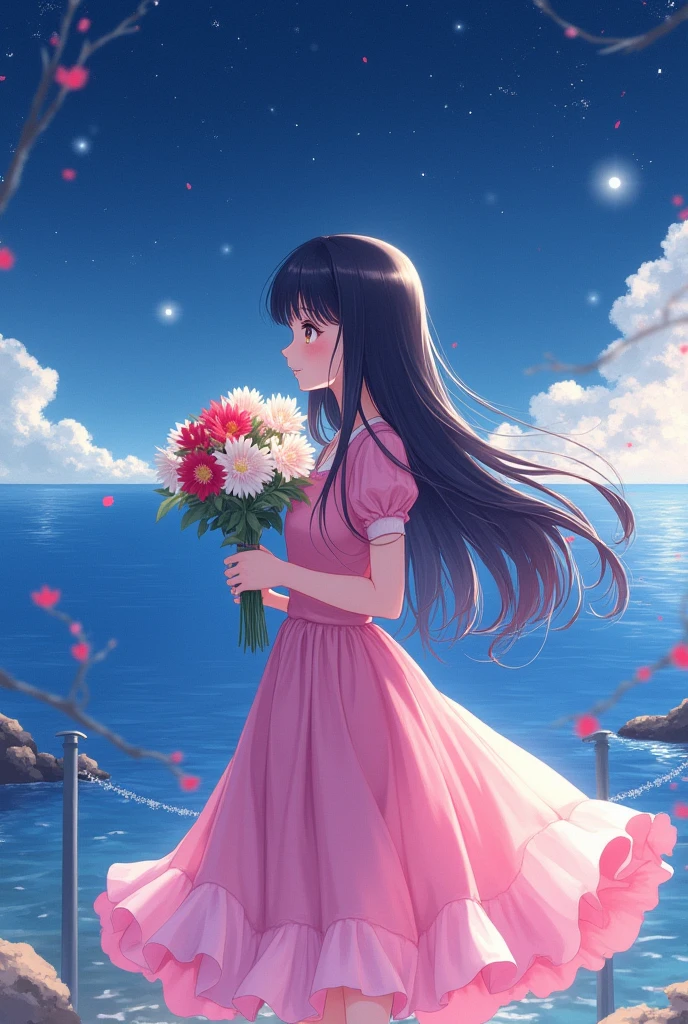 An anime girl with long black hair and a bright light pink dress, holding white and red flowers in her hands, gazing at the sea on a starry night.