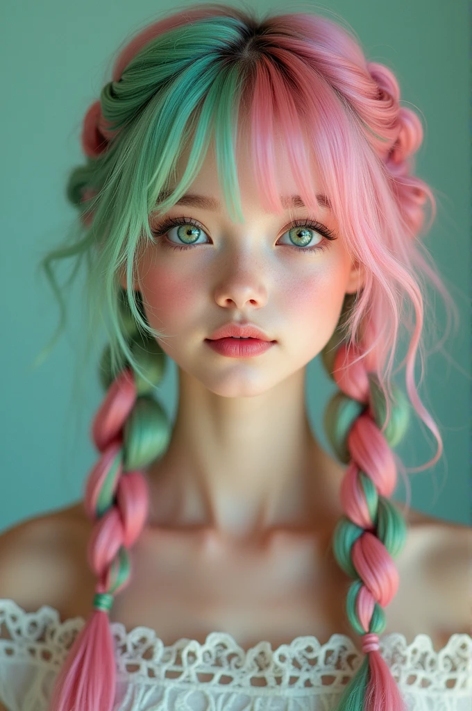 girl with pink and green hair, with braids in her hair and light clothes and realistic eyes, HDR image