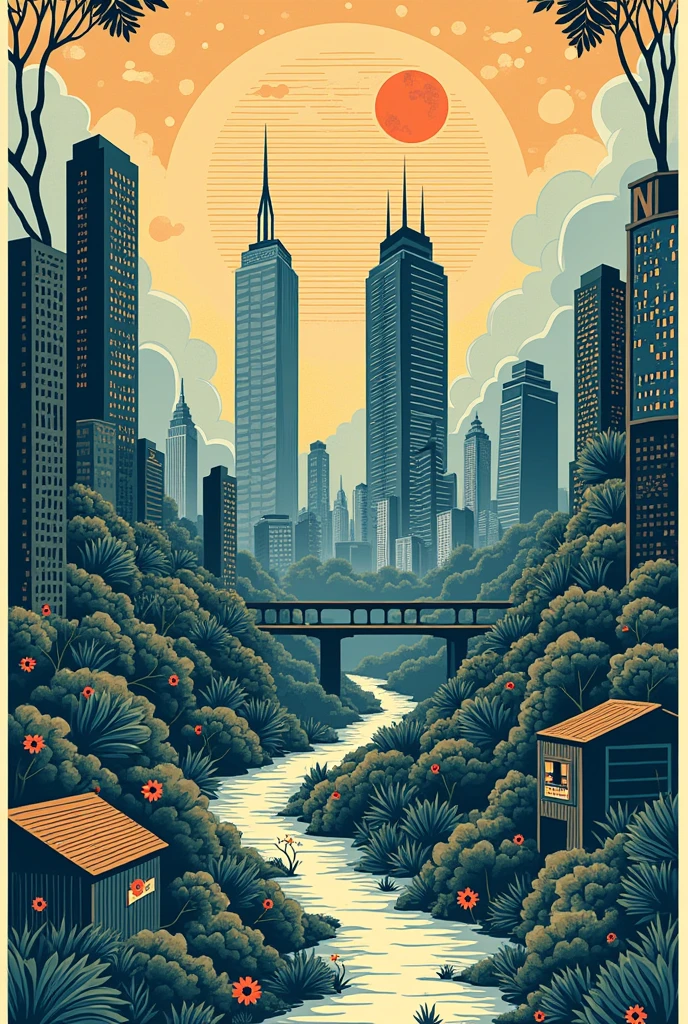 A woodcut based on SDGs 13 and 11