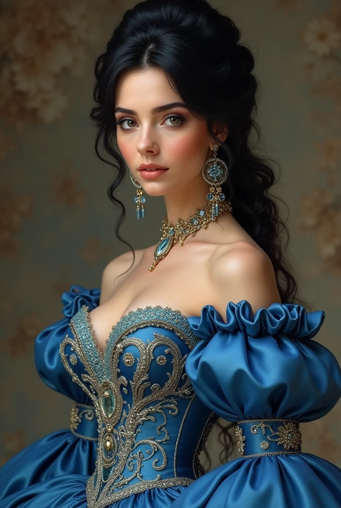 woman, black hair, elegant hairstyle, large bust, princess dress, decorated blue dress, looking at the camera, photorealistic