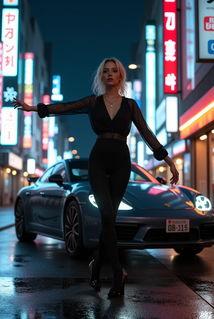 A blonde Italian woman, ballerina, dancing classical ballet in a city in Japan, with tall buildings and colorful lights, the woman will be wearing a chic and elegant outfit on a cold and rainy day, Your clothes won't be for ballet, and your blonde hair will be loose. The woman will be sad, while her entire surroundings will be lit up. . A Porsche will be parked behind the beautiful girl, while the lights of the buildings reflect in the beautiful car.