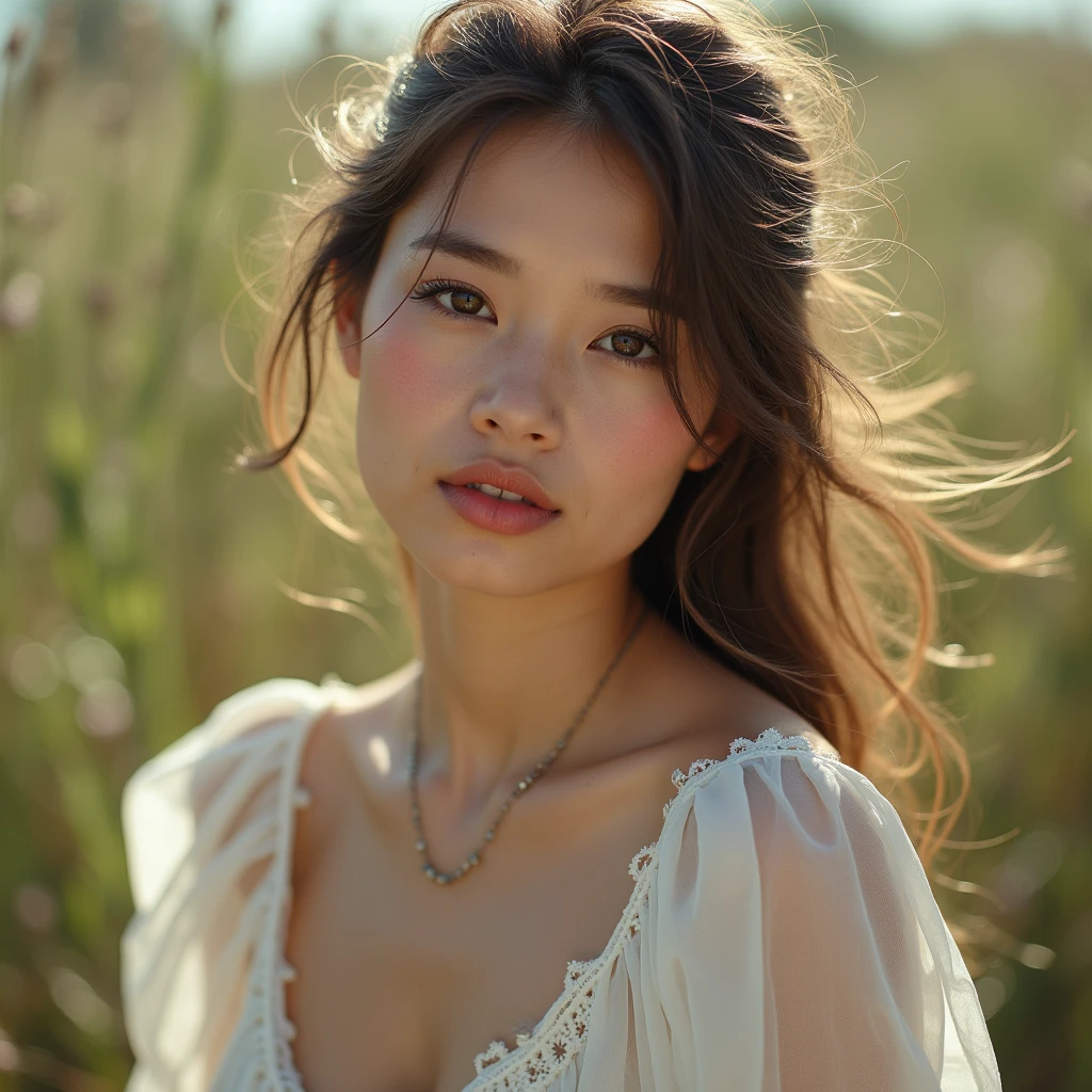 photo of a 22 year old girl, in a white hippie dress, (1 girl), (realist), (photo-realist:1.5), lipstick,(realistic photo,natural, 8k uhd, film grain), sharp eyeliner, Blush Eyeshadow with Thick Lashes., extremely delicate and beautiful, (full body shot:1.6), 8k, Soft lighting, high quality, High resolution, sharp focus, extremely detailed, (sunlight on the face), beautiful detailed eyes, extremely detailed eyes and face, masterpiece, cinematic lighting, (very detailed skin:1.2), 8k uhd, DSLR, Soft lighting, high quality, film grain, Fujifilm XT3