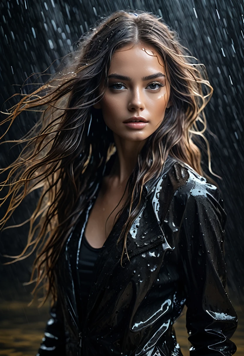 a beautiful young woman dressed in black with long hair, in the style of textural layers, reef vibe, light brown and light black, wet-on-wet blending, Wavy, Pop inspiration, Captivating look, dramatic cinematographic lighting, realistic photo, cinematographic, still film, captured in the style of the Sony Alpha A7 III camera