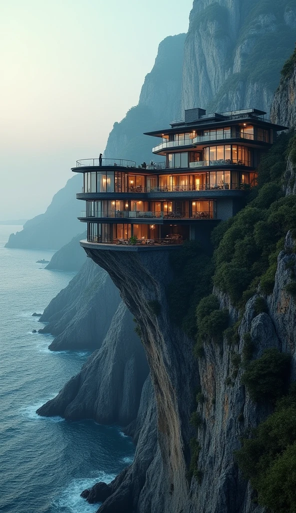 "Create a cinematic 4K image, DSLR Canon style, of a luxurious mansion perched on the edge of a cliff. Show the mansion with imposing and elegant architecture, featuring large windows and balconies that offer a panoramic view of the abyss below. The image should highlight the mansion precariously balanced on the cliff's edge, with a dramatic landscape in the background, such as the ocean or a vast mountain range, and lighting that enhances the grandeur and beauty of the scene."