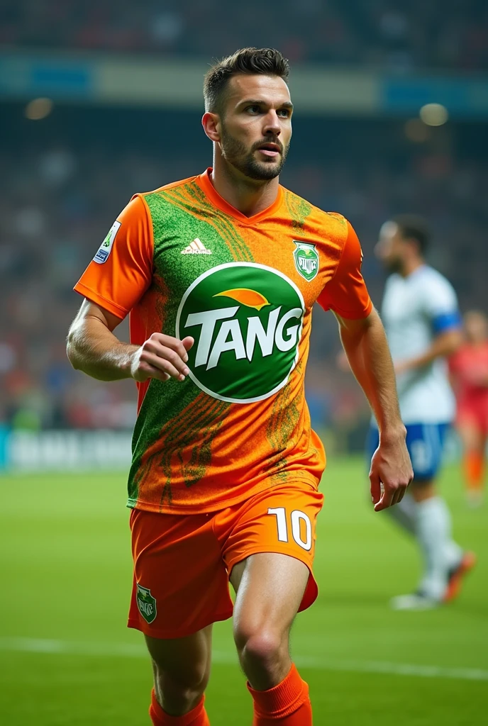 Printed soccer jersey with the Tang artificial juice brand
