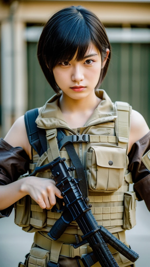 (masterpiece, ultra-detailed, ultra-realistic, best quality, clear focus, photorealistic), (ultra-high resolution, 8k:1.3), cinematic color-grading film, dramatic scenes, shadow, global-illumination, perfect anatomy, perfect face, (detailed face, detailed eye:1.3), (20 years old Japanese blonde hair punk rock girl:1.2), (experienced soldier:1.2), professional light, (boyish cool Japanese face:1.3), (Fully equipped for battle:1.3), (holding m4a1 large assault rifle:1.4), (long barrel rifle:1.3), (Strong willed expression:1.2), (afraid:1.3), (wearing a cute punk rock styled soldier's outfits made of leather with military helmet:1.2), slim waist, (at a battle field of Abandoned Building at night), flash light, (explosion:1.4), very large breasts, tactical vest, military harness, face focus,