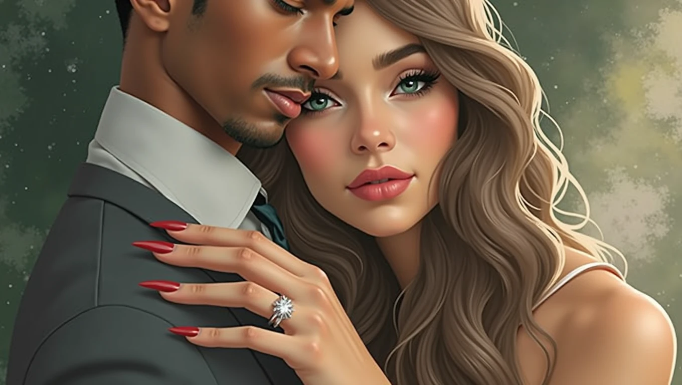 a close up of a young afroamerican man and beautiful Latin woman with dark skin chocolate color eyes looking at viewer emerald green color, seductive big body balanced , perfect beauty, long silky hair with waves embracing each other, intimate holding close, man and woman in love, engagement ring ads, by Emma Andijewska, by Matt Cavotta, hand on his cheek, couple pose, couples portrait, arm around her neck, couple portrait, man and woman, lovely couple, holding each other hands