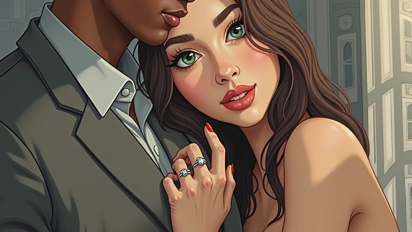 a close up of a young afroamerican man and beautiful Latin woman with dark skin chocolate color eyes looking at viewer emerald green color, seductive big body balanced , perfect beauty, long silky hair with waves embracing each other, intimate holding close, man and woman in love, engagement ring ads, by Emma Andijewska, by Matt Cavotta, hand on his cheek, couple pose, couples portrait, arm around her neck, couple portrait, man and woman, lovely couple, holding each other hands