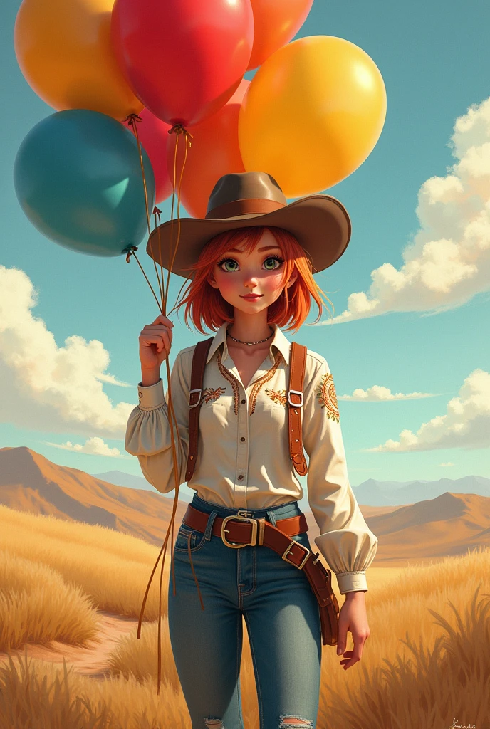 Cowgirl chick, Red hair, big dark eyes, with balloons in her hand
