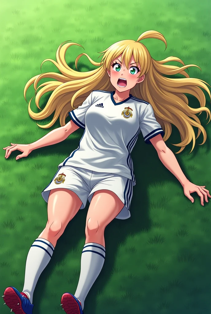 Female soccer player in 8k, anime style like dragon ball ultra realistic on natural grass grimaces foul, lying on grass full body in adidas uniform shorts white adidas brand, adidas shoes white socks with shinguards, long hair blonde