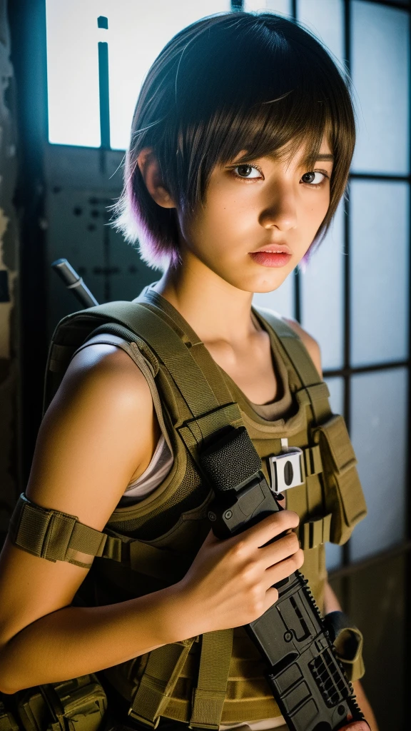 (masterpiece, ultra-detailed, ultra-realistic, best quality, clear focus, photorealistic), (ultra-high resolution, 8k:1.3), cinematic color-grading film, dramatic scenes, shadow, global-illumination, perfect anatomy, perfect face, (detailed face, detailed eye:1.3), (20 years old Japanese blonde hair punk rock girl:1.2), (experienced soldier:1.2), professional light, (boyish cool Japanese face:1.3), (Fully equipped for battle:1.3), (holding m4a1 large assault rifle:1.4), (long barrel rifle:1.3), (Strong willed expression:1.2), (afraid:1.3), (wearing a cute punk rock styled soldier's outfits made of leather with military helmet:1.2), slim waist, (at a battle field of Abandoned Building at night), flash light, (explosion:1.4), very large breasts, tactical vest, military harness, face focus,