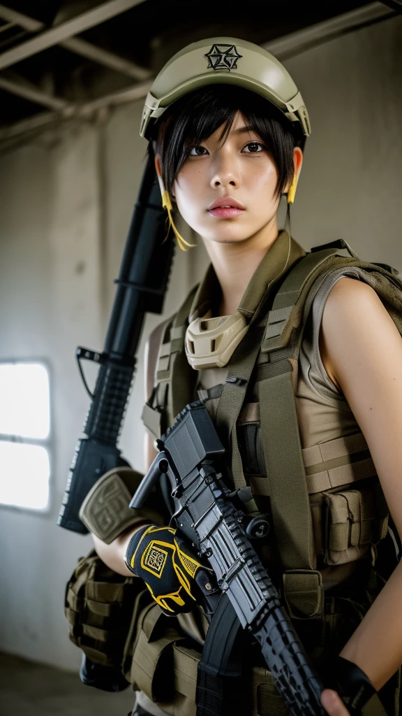 (masterpiece, ultra-detailed, ultra-realistic, best quality, clear focus, photorealistic), (ultra-high resolution, 8k:1.3), cinematic color-grading film, dramatic scenes, shadow, global-illumination, perfect anatomy, perfect face, (detailed face, detailed eye:1.3), (20 years old Japanese blonde hair punk rock girl:1.2), (experienced soldier:1.2), professional light, (boyish cool Japanese face:1.3), (Fully equipped for battle:1.3), (holding m4a1 large assault rifle:1.4), (long barrel rifle:1.3), (Strong willed expression:1.2), (afraid:1.3), (wearing a cute punk rock styled soldier's outfits made of leather with military helmet:1.2), slim waist, (at a battle field of Abandoned Building at night), flash light, (explosion:1.4), very large breasts, tactical vest, military harness, face focus,
