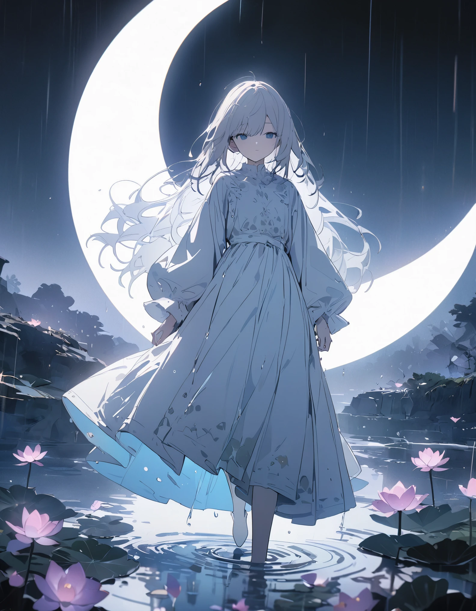A mystical figure walking through a tranquil, dreamlike landscape at night, bathed in the soft light of a crescent moon, The ground is wet from a light, steady rain, with small puddles reflecting the moonlight, As the figure moves forward, delicate lotus flowers bloom in their wake, floating on the surface of the water, The atmosphere is peaceful and ethereal, with the figure's silhouette blending into the misty, rain-soaked surroundings, The overall color palette is a mix of deep blues, soft purples, and silver highlights, creating a sense of calm and otherworldly beauty, ((Masterpiece)), ((best quality)), (super detail:1.2), (High Definition:1.3), ((extremely detailed)), (8K), (Professional Photography:1.2), (very aesthetic:1.2), (absurdres:1.2), (flat color), (flat shading), (sharp focus), (perfect light), (drop shadow), ((1girl)),(detailed background:1.2), (newest), clear line,