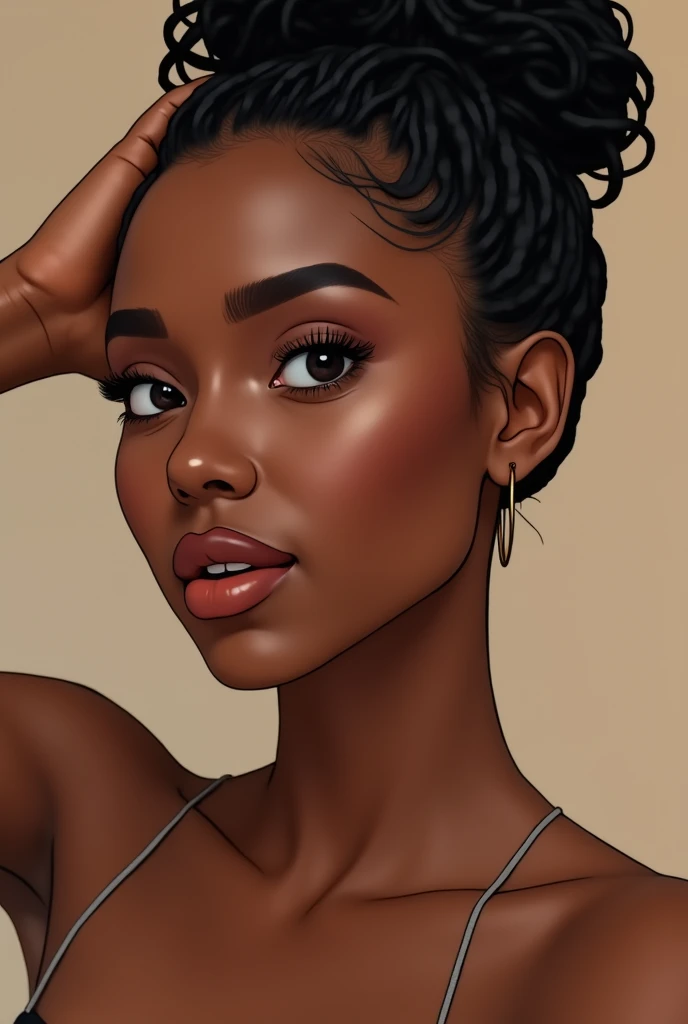 there is a black woman , the woman has her curly moist hair slicked back in to a bun and her  hairs are styled, she has brown skin, with  brownish skin, with she is taking a long shot selfie