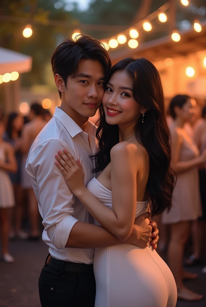 A beautiful asian women, long straight black hair, big breast, big boobs, big tits, double eyelids, beautiful face, beautiful makeup , realistic detailed, wearing a sexy white dress, with friends at a party outside, beautiful smile, sexy pose with her boyfriend. Lovers, men and women, boyfriend and girlfriend, selfie