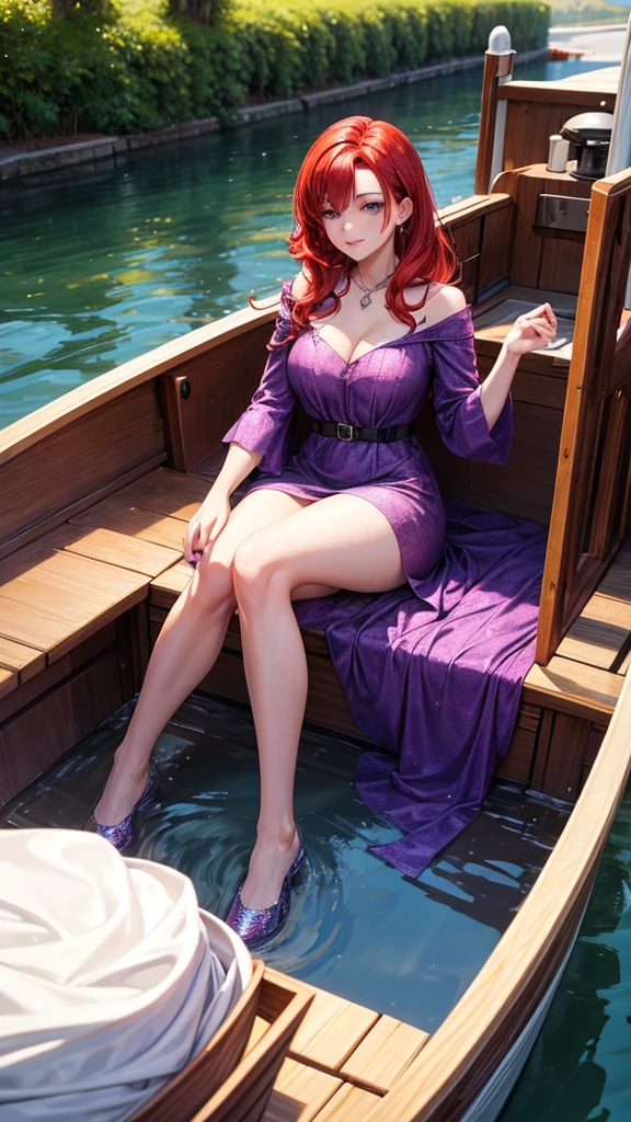 Woman with red hair using a purple glitter dress in a boat