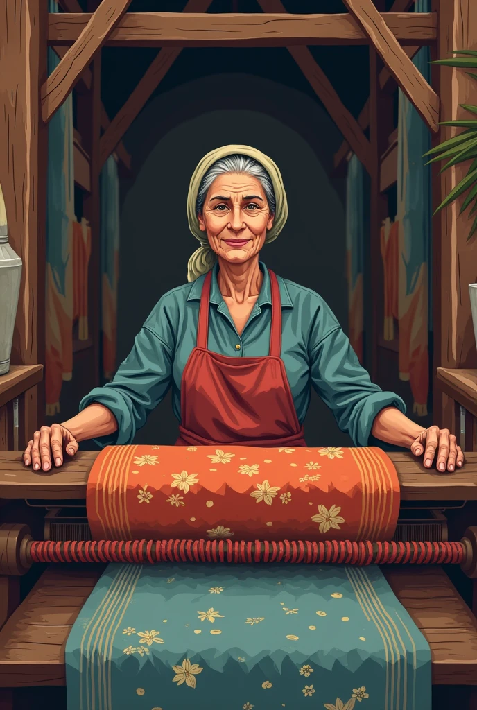 Design a logo featuring a rural woman weaving in a textile factory.