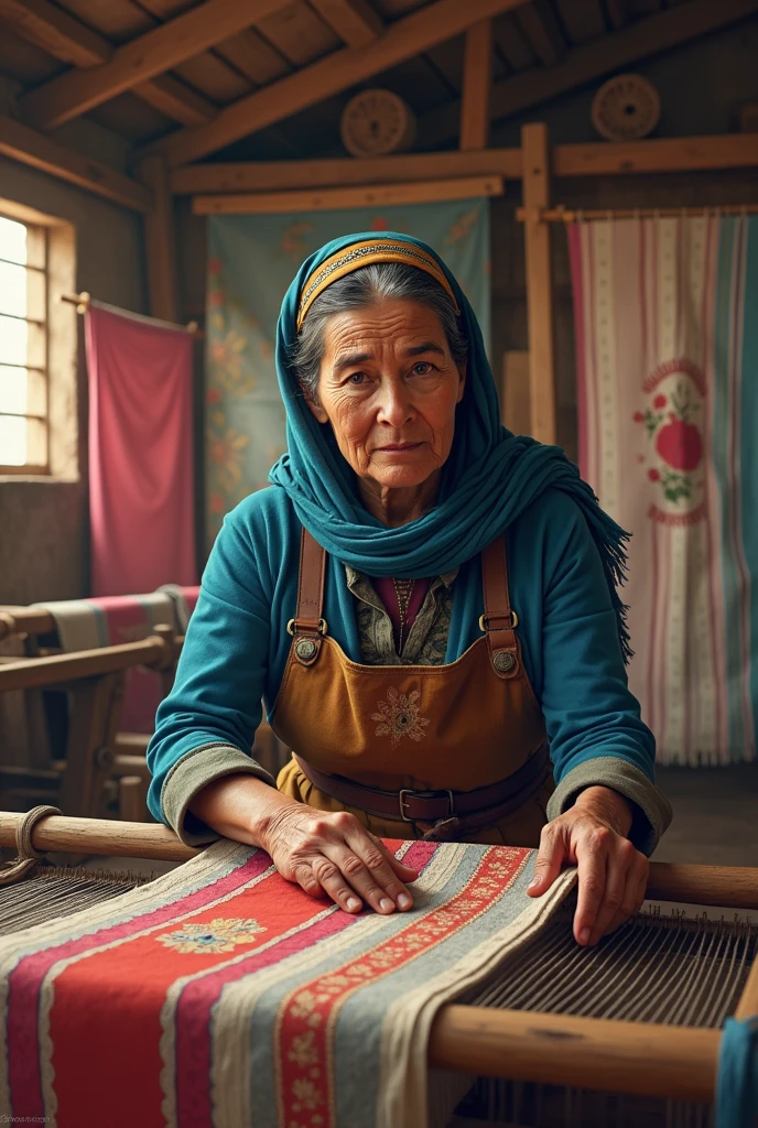 Design a logo featuring a rural woman weaving in a textile factory.